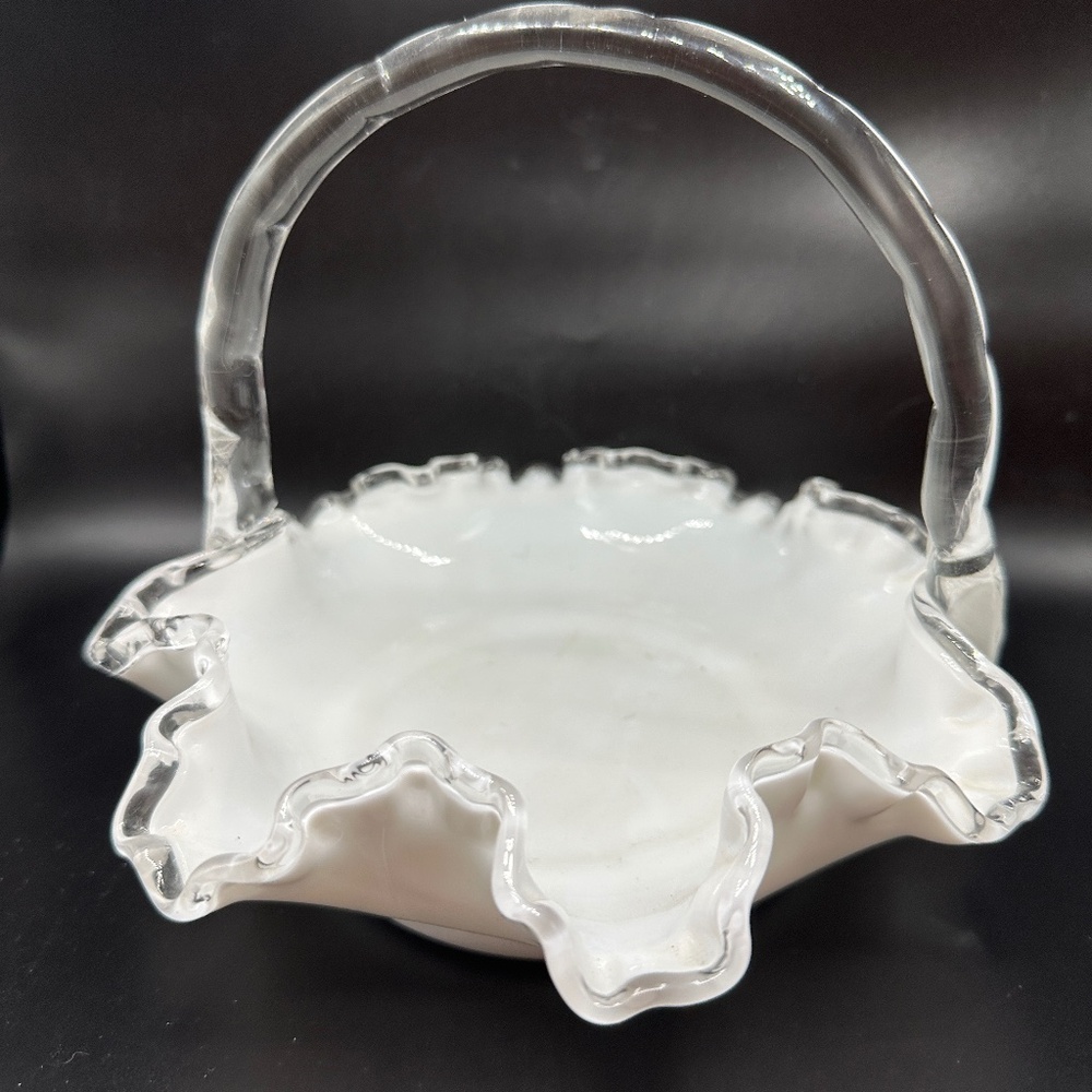 VTG Fenton Silver Crest Milk Glass Ruffled Edge Basket W/Clear Handle 6" Tall